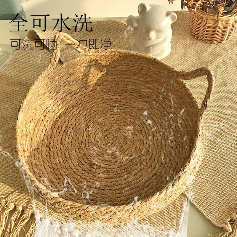 OUZEY Rattan Weaving Cat Basket Pet Bed