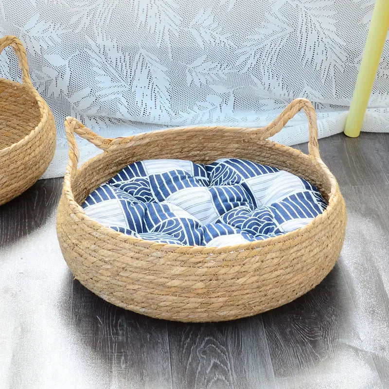 OUZEY Rattan Weaving Cat Basket Pet Bed