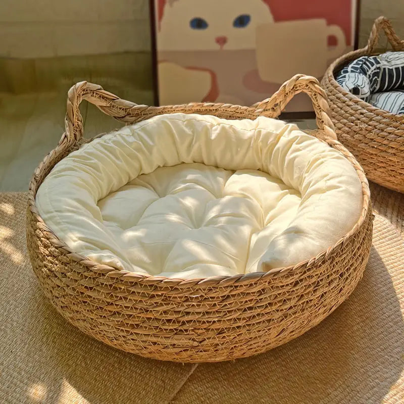 OUZEY Rattan Weaving Cat Basket Pet Bed