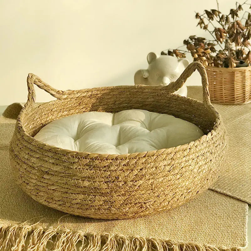 OUZEY Rattan Weaving Cat Basket Pet Bed