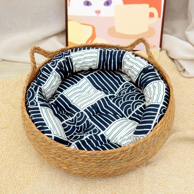 OUZEY Rattan Weaving Cat Basket Pet Bed